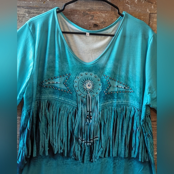 New Turquoise Green Faux Fringe Look Tee - Picture 3 of 15